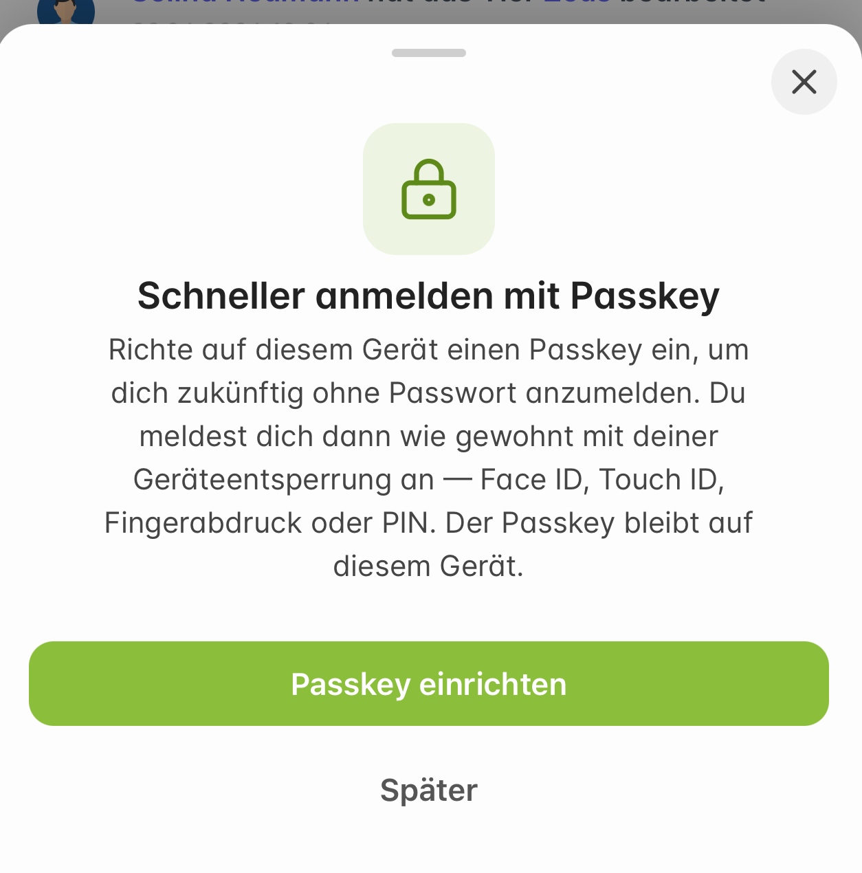 Hinweisfenster zum Einrichten eines Passkeys nach der Anmeldung
