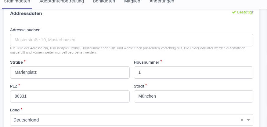 Adressbereich mit der Bestätigt-Markierung