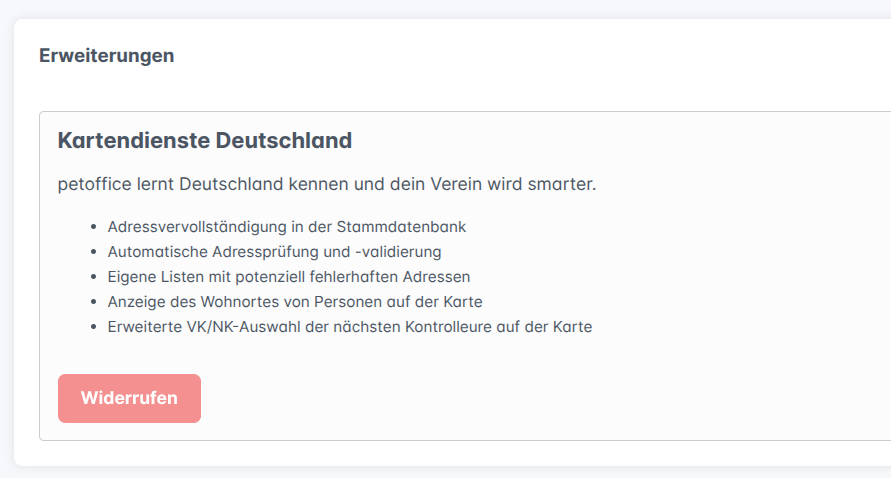 Liste der Erweiterungen in den Einstellungen