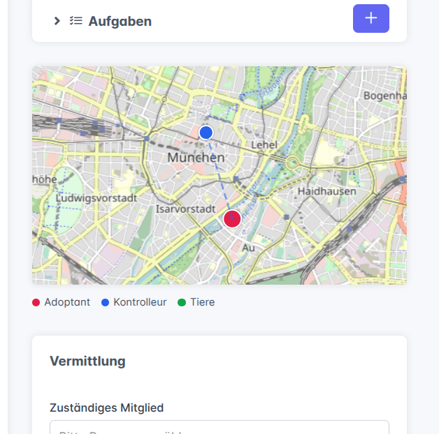 Vermittlungsdetail mit Karten-Seitenleiste und farbigen Standortmarkierungen