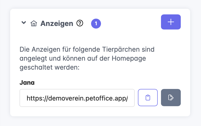 Bereich „Anzeigen” in der Seitenleiste des Tierprofils mit Link zum Bewerbungsformular und Schaltfläche zum Bearbeiten der Anzeige