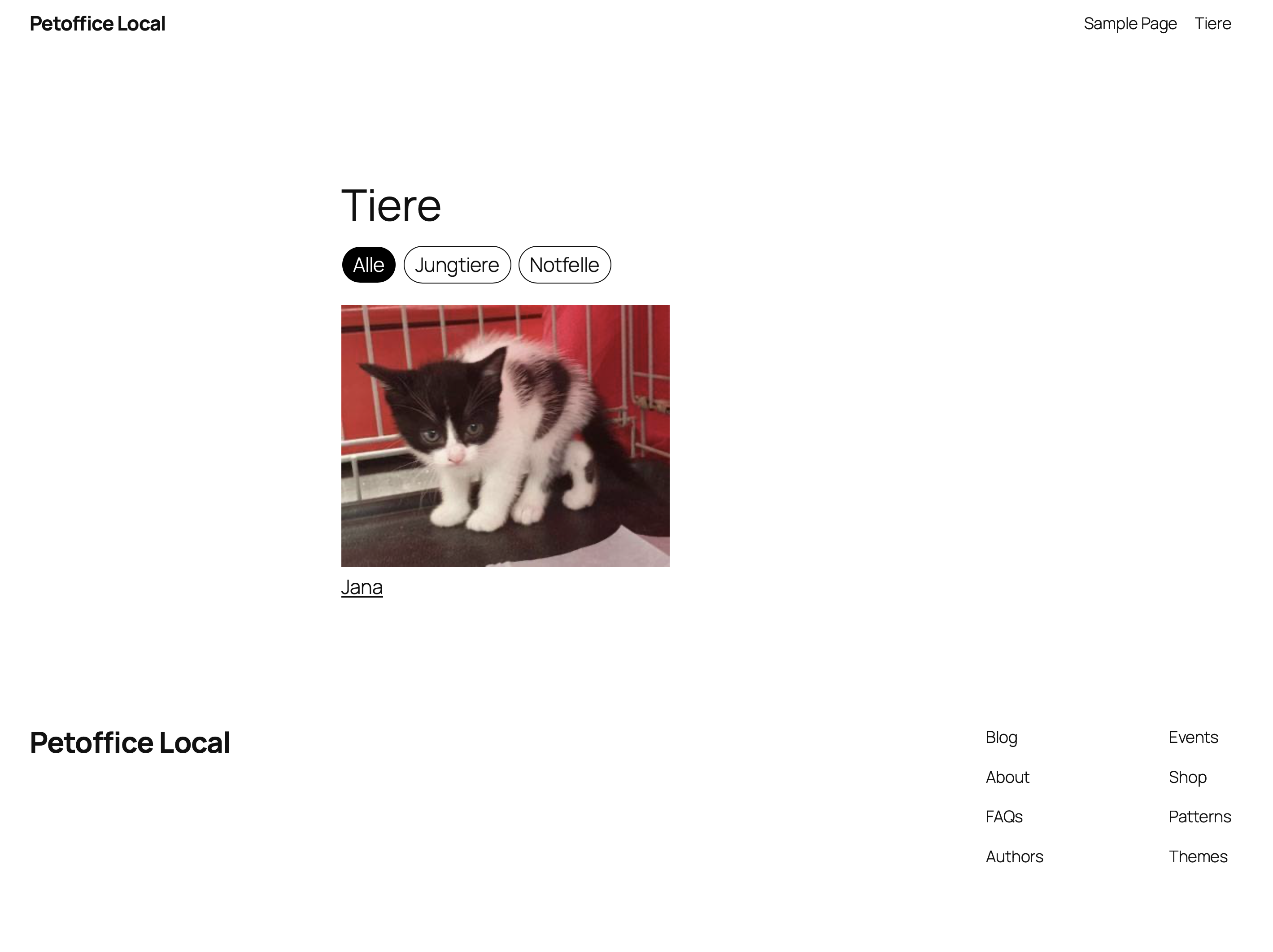 Beispiel einer Tierliste auf einer WordPress-Seite mit Tag-Filtern „Alle”, „Jungtiere” und „Notfelle” sowie einer Tier-Kachel