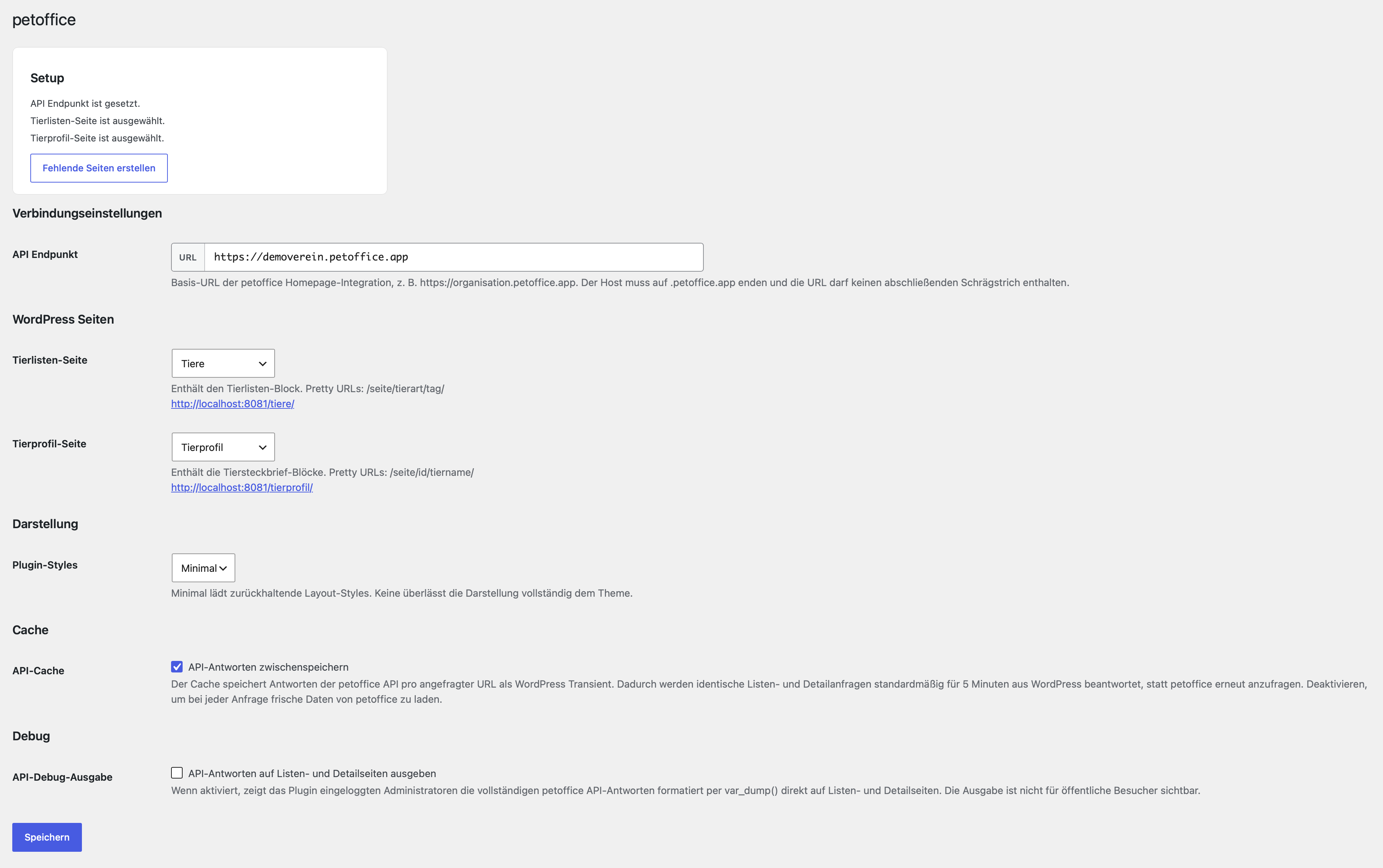 Einstellungsseite des petoffice-Plugins in WordPress mit API-Endpunkt, Seitenzuordnung, Darstellung, Cache und Debug