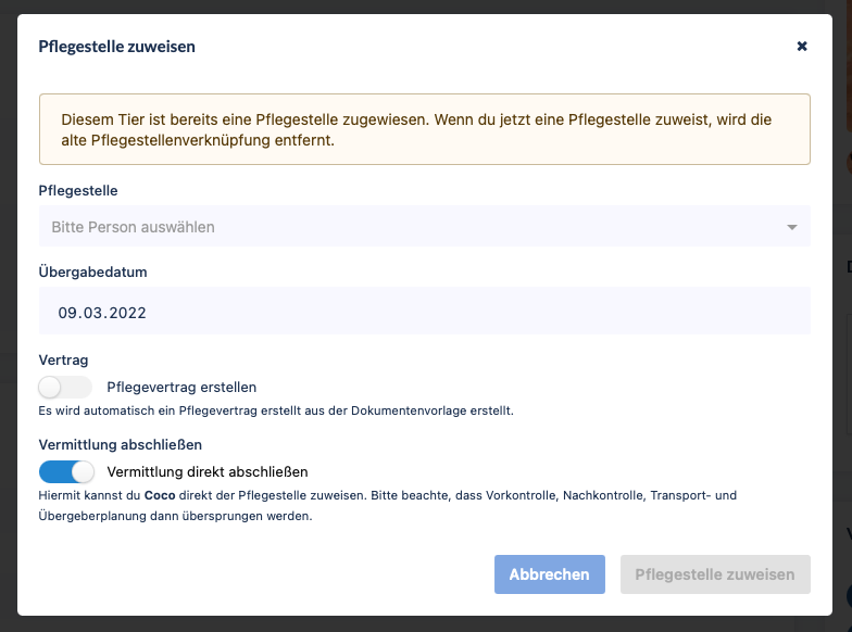 Pflegestelle zuweisen in petoffice