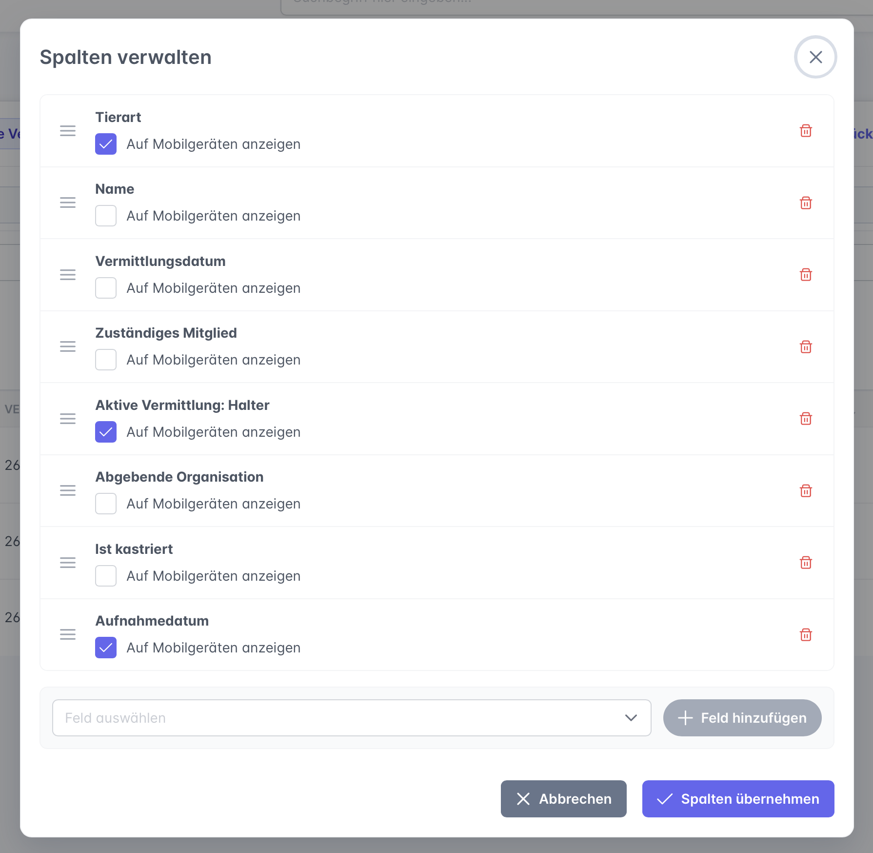 Spalten-Editor in der Ergebnisliste