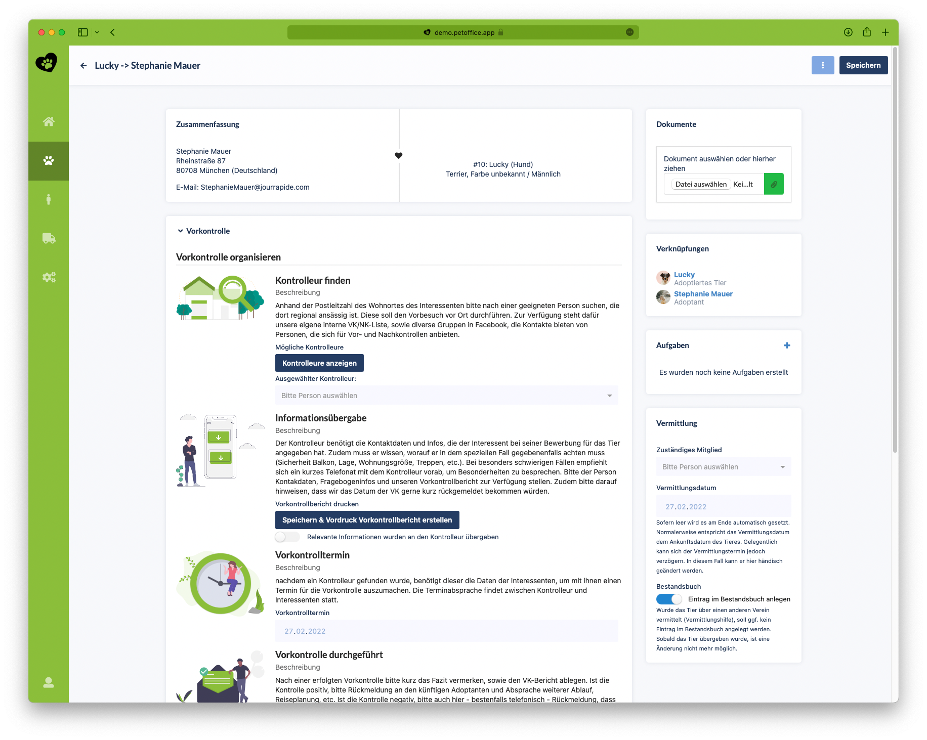 Die Details eines Vermittlungsprozesses in petoffice